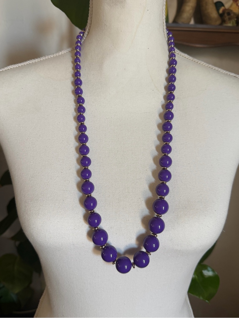 Vintage Purple & Gold Lucite Graduated Beads Statement Beaded Necklace